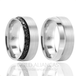 24K125 - Alianças de Compromisso em Prata 950 com Zircônias Negras + Estojo Luxo
