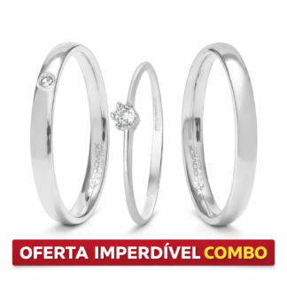 Kit Alianças de Aço Slim Aster com Zircônia Abaulada 3mm + Anel Solitário + Estojo Luxo