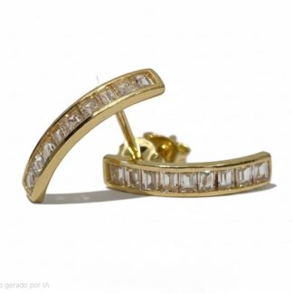 BR444Z - Brincos Barra Curva com Zircônias Baguete em Ouro 18K + Estojo Luxo