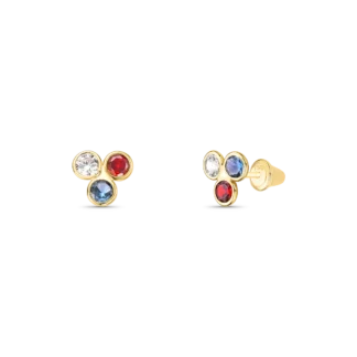 BRF002 - Brinco 3 Pedras 3mm Coloridas Tarraxa Baby  em Ouro 18k + Estojo Infantil