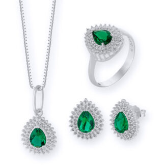 Conjunto de Prata Coleção Queens Cristal Esmeralda 5x7 e Zircônias Brancas + Estojo Luxo