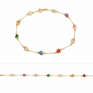 GPED_CPULC_155 - Pulseira em Ouro 18K com Zircônias Coloridas em Formato de Coração + Estojo Luxo