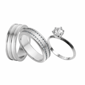 Kit Alianças Aço Creta e Sparta 6mm com Zircônia Feminina + Anel Solitário em Prata + Estojo Love R