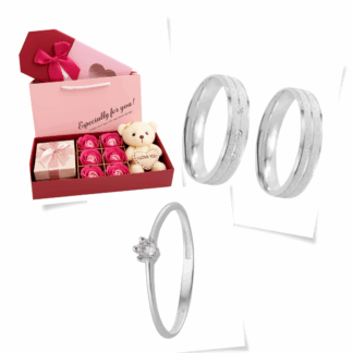 Kit Alianças Compromisso em Prata 950 Slim Mod. 24k146 + Anel Solitário + Caixinha Love