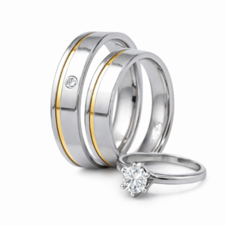 Kit Alianças de Aço Plus com Filete em Ouro 10k e Zircônia + Anel Solitário em Prata + Estojo Luxo