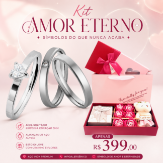Kit Alianças de Compromisso em Aço Alysia+ Anel Solitário + Estojo Love R