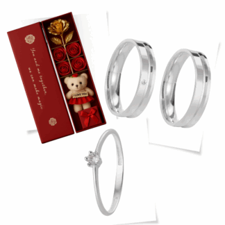 Kit Alianças de Compromisso em Prata 950 Mod. E21AN + Anel Solitário + Estojo Luxo