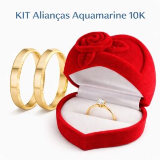 Kit Alianças em Ouro 10k Mod. Aquamarine 06A + Solitário GA100-4 Garras + Estojo Luxo