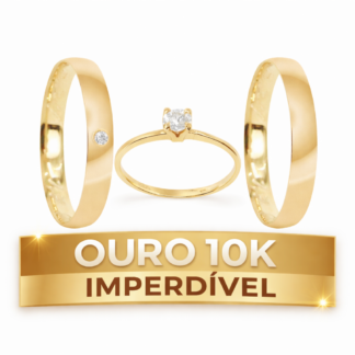 Kit Alianças em Ouro 10k mod. Alexandrita 06A + Anel Solitário Royale + Estojo Love R