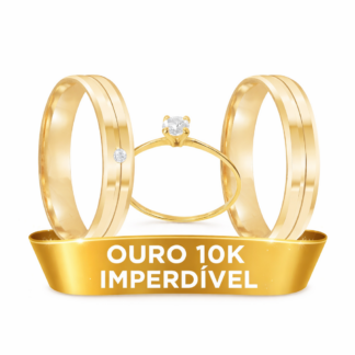 Kit Alianças em Ouro 10k mod. Ônix 06AP + Anel Solitário Royale + Estojo Luxo