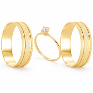 Kit Alianças em Ouro 18k Mod. Cianita 08T + Solitário Royale + Estojo Coração