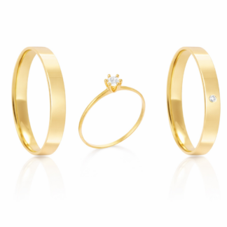 Kit Alianças em Ouro 18k c/ Diamante Mod. Alexandrita 5.5SAP + Solitário Sol95Z + Estojo Coração