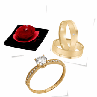Kit Alianças em Ouro 18k c/ Diamante Mod. Rubi 10A + Solitário Sol47Z + Estojo Flor