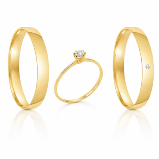 Kit Alianças em Ouro 18k c/ Diamante mod. Alexandrita 5.5SA + Solitário GA100 + Estojo Love R