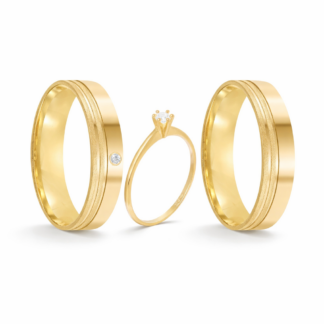 Kit Alianças em Ouro 18k c/ Diamante mod. Ametista 07AP + Solitário Sol24Z + Estojo Luxo