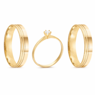 Kit Alianças em Ouro 18k c Diamante mod. Ametista 6.5AP + Solitário Sol24Z + Estojo Luxo