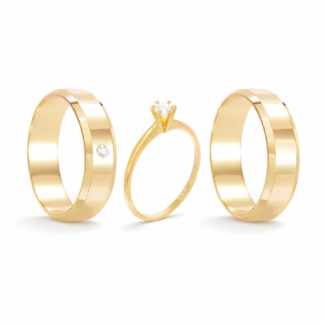 Kit Alianças em Ouro 18k com Diamante Mod. Aquamarine11T + Solitário Sol24Z + Estojo Luxo