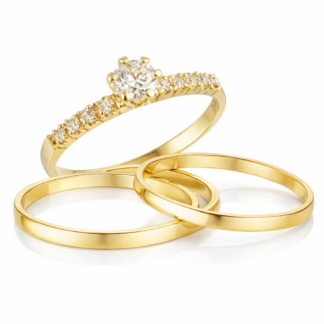 Kit Alianças em Ouro 18k mod. Ágata 03T + Anel Solitário Elegance + Estojo Luxo