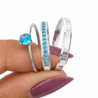 Par Alianças de Namoro 3,0 mm Pedra Azul Prata 950 + Solitário + Estojo Luxo