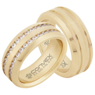 Alianças de Aço Troya Dupla Gold Ipg Dourado com Zircônias 8mm + Estojo Love R