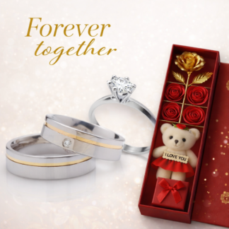 Kit Alianças de Aço Forever Together + Anel solitário em Prata + Estojo Love V